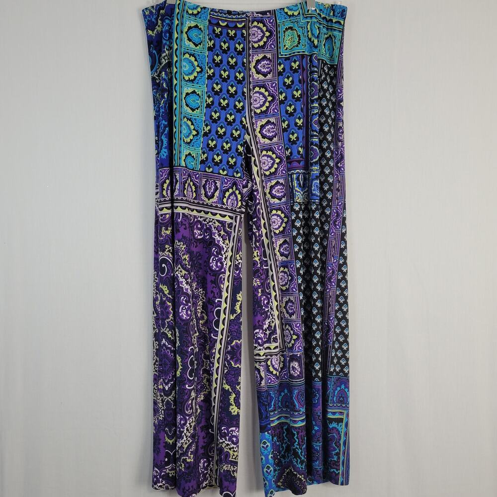 Chico's 2 Patchwork Print Wide Leg Pull On Pants sz L/12 Multicolor Boho Travel